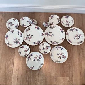 14 PCs JPL Jean Pouyat Limoges Rheims Dinner Set For 2 Plates Bowls Teacups Vtg